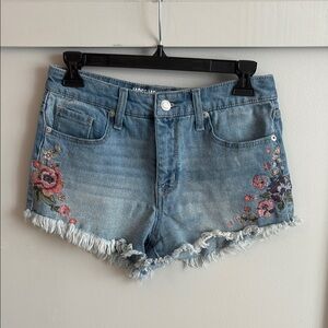 Mid-Rise Denim Floral Embroidered Shorts